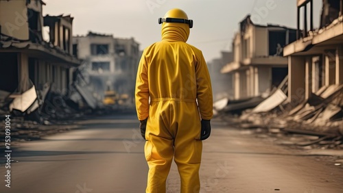 A man in a bright yellow protective radiation suit stands with his back to the camera in a city block, with destroyed buildings and debris in front of him
