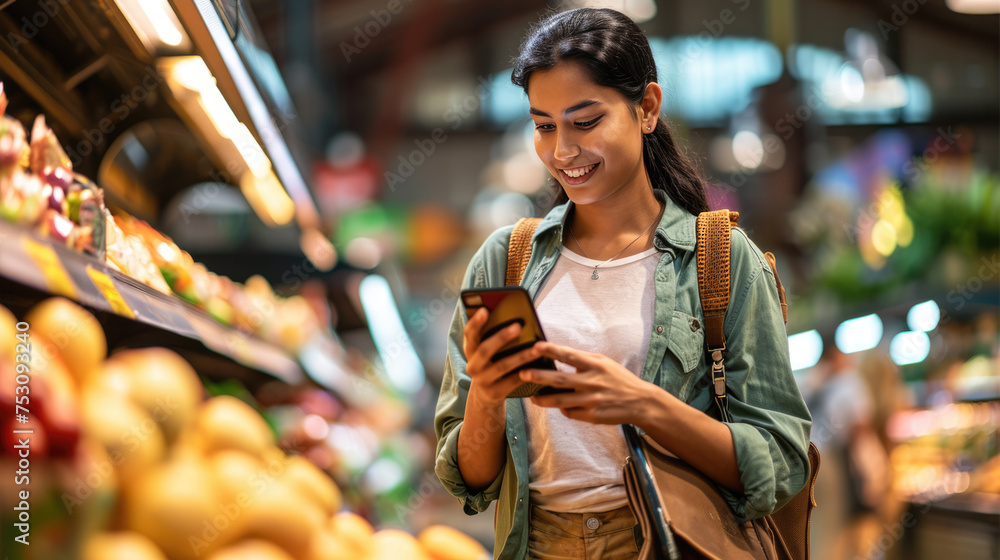 Young woman is smiling while looking at her smartphone, standing beside a shopping cart filled with groceries in a supermarket aisle. Young woman is smiling while looking at her smartphone, standing beside a shopping cart filled with groceries in a supermarket aisle.