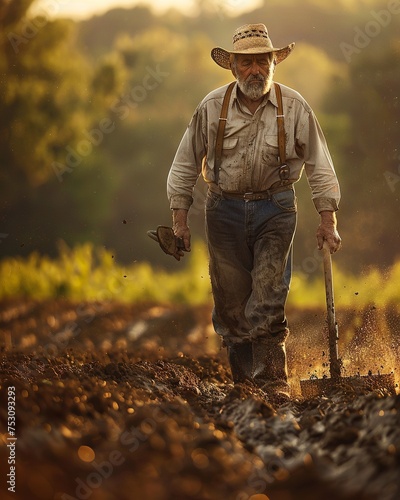 Middle-Aged Farmer Plowing Field at Dawn


