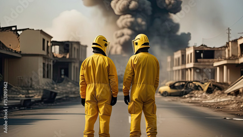 Two men in bright yellow protective radiation suits stand in the street of an urban ruined neighborhood. In front of them are ruined buildings and puffs of black smoke