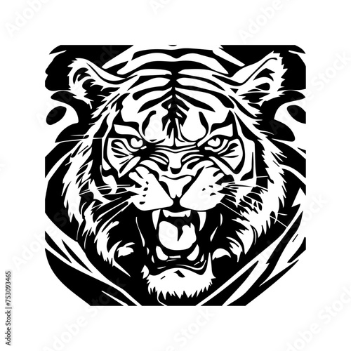 Roaring tiger mascot black and white logo design clipart
