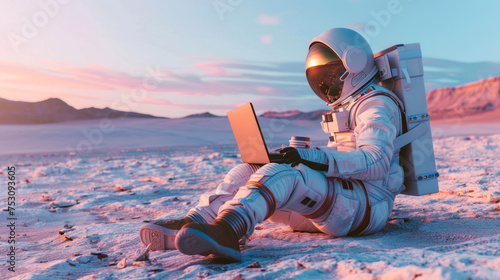 In a cold desert setting, an astronaut with a laptop is focused on work, juxtaposed against a dusky sky photo