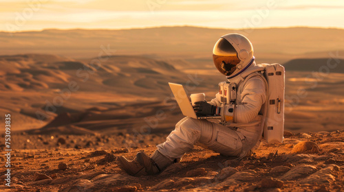 A lone astronaut with a laptop sits contemplating in the warm, fading light of an alien world's sunset