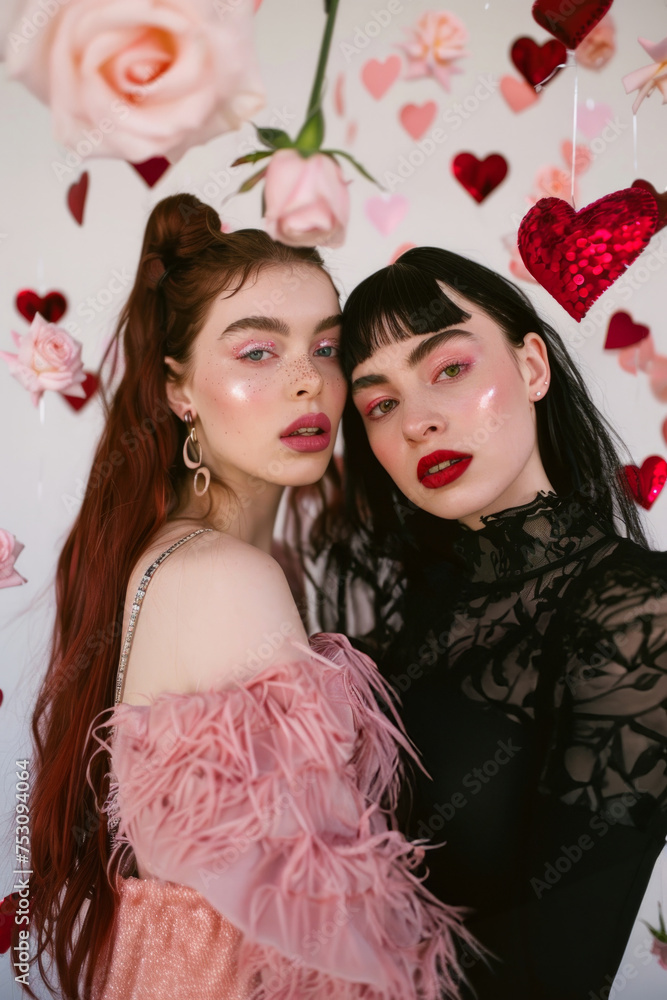 Two sultry models in black attire with a Valentine's Day themed backdrop full of hearts Two sultry models in black attire with a Valentine's Day themed backdrop full of hearts