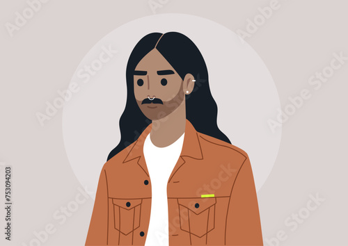 A Portrait of a Man With Long Waves, A calm young character with flowing wavy hair and a septum ring, clad in a stylish orange jacket
