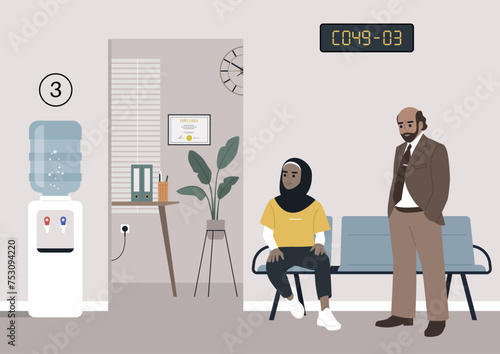 A Serene Encounter at the Waiting Area, Two individuals await their turn in the tranquil setting of a local town hall