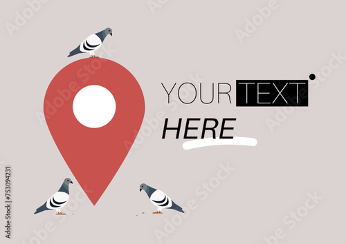 Urban Homing, Pigeons Convening Around a Symbolic Map Pin, birds gather by a red meeting point