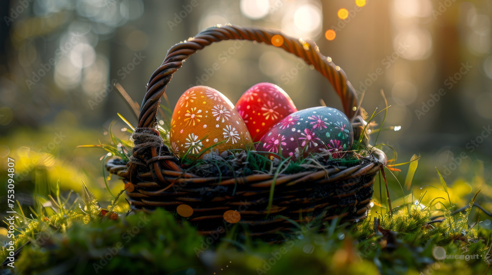 Unique hand painted Easter eggs in basket and lying on grass, blue sky. Traditional decoration in sun light. Unique hand painted Easter eggs in basket and lying on grass, blue sky. Traditional decoration in sun light.
