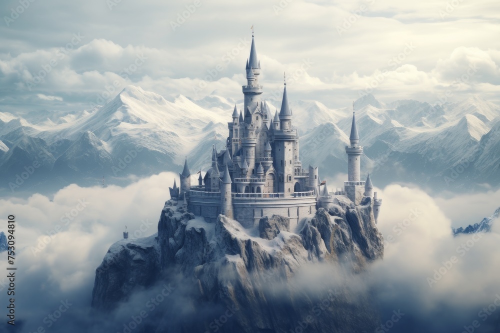 Fairytale magic castle on top of a mountain