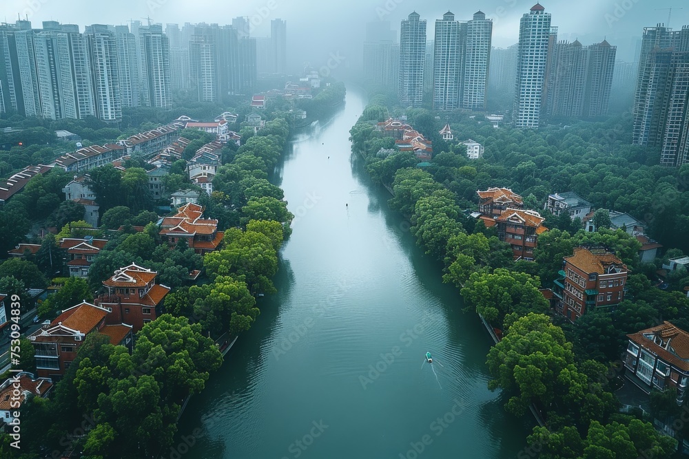 High aerial perspective of a city's green landscape with winding waterways creating a natural haven