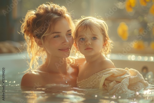 Little Girl and Mother in Tub, Beautiful Women Style, Light Amber & Azure Tones