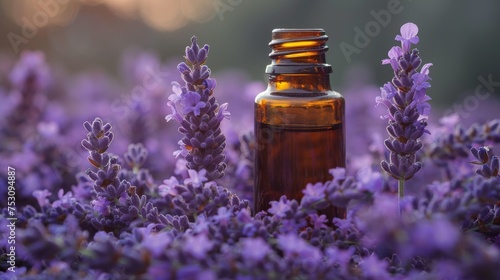 Essential Aromatic oil in brown bottle and fresh bouquet of lavender blooming flowers  natural remedies  aromatherapy  naturopathy concepts