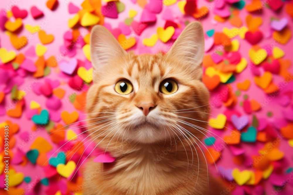 i love cats concept, funny disco bright cat in pink and orange color.