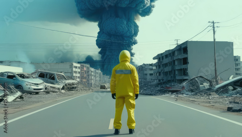 A man in a bright yellow protective radiation suit stands with his back to the camera in a city block, with destroyed buildings and black smoke in front of him. Nuclear explosion
