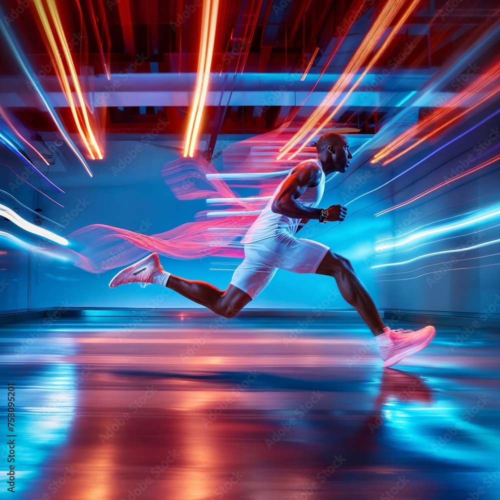 Focused female runner with a futuristic glow, highlighting speed and technology in athletic training