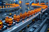 Warm-hued close-up of illuminated glass bottles moving on a factory conveyor belt emphasizing production