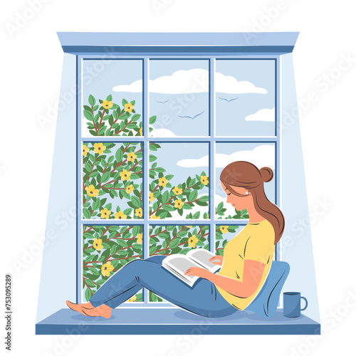 Woman reading book and sitting at the spring window. Layout design for bookstore, library, bookshop or education. Vector illustration

