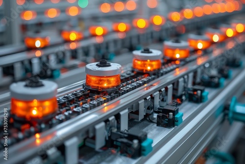 Automated assembly line with glowing orange parts moving through the production process in a factory