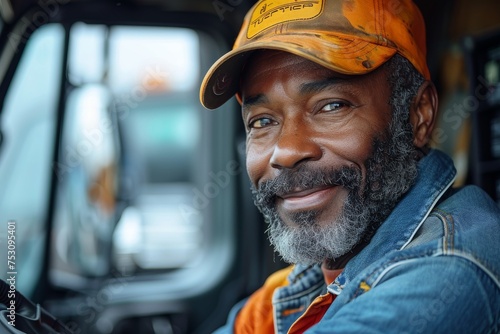 A charming trucker wearing an orange cap offers an uplifting smile, exuding positivity and warmth