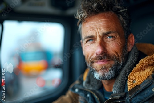 Captivating portrait of a rugged truck driver giving an intense gaze with a slight smirk photo