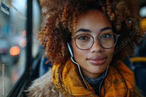 A close-up portrait of a young woman with glasses and curly hair smiling, inside a public bus