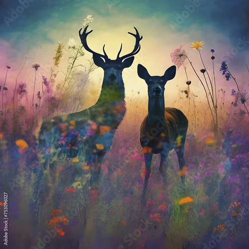 Deer silhouette with a wildflower field. © Pram