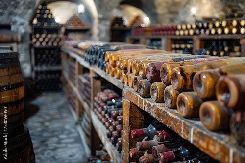 A historic wine cellar filled with dusty vintage bottles lined up on wooden racks, capturing the essence of winemaking heritage and aging process