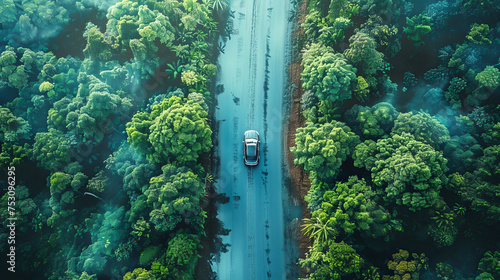 Top view of a car driving along a road in a fresh forest. Ecology theme