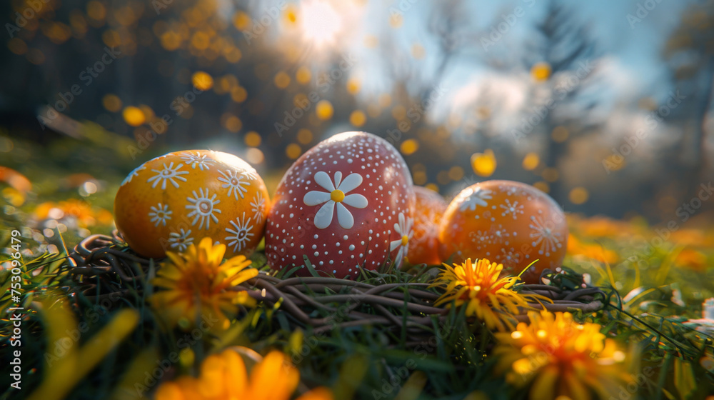 Unique hand painted Easter eggs in basket and lying on grass, blue sky. Traditional decoration in sun light. Unique hand painted Easter eggs in basket and lying on grass, blue sky. Traditional decoration in sun light.