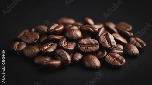 A close-up of dark brown roasted coffee beans on a black background. The shiny beans are randomly arranged, well-lit, in focus, with a shallow depth of field, highlighting their rich aroma and flavor.