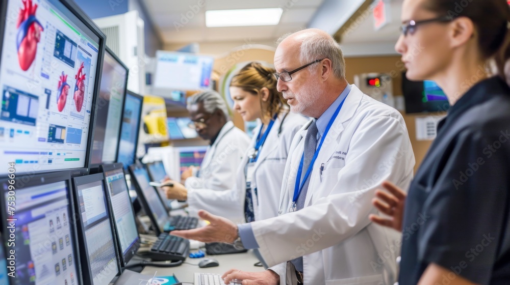 A team of specialist doctors analyzing results on multiple monitors, the Concept of hospitals use modern computer technology. Generative ai A team of specialist doctors analyzing results on multiple monitors, the Concept of hospitals use modern computer technology. Generative ai