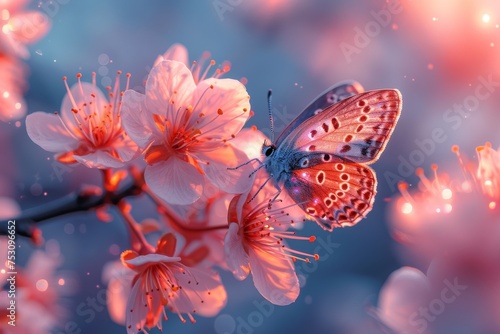 A vivid butterfly with patterned wings rests on a branch surrounded by a cluster of radiant flowering blossoms