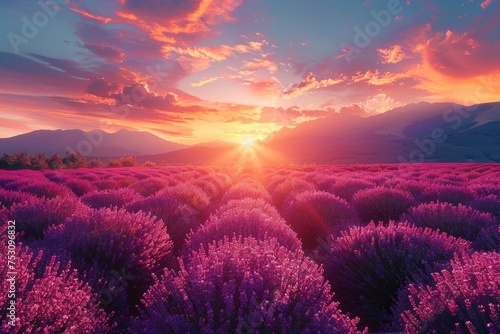 A breathtaking sunset scene casting pink hues over a sprawling field of blooming lavender, with silhouetted mountains in the background