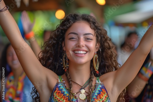 A vibrant young woman with curly hair and colorful attire is dancing with her hands up