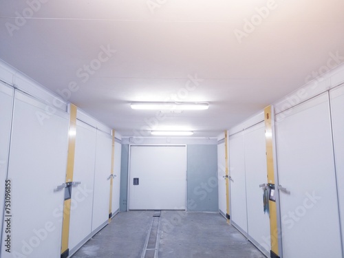 Corridor room of modern hatchering machine on industrial hatchery farm.