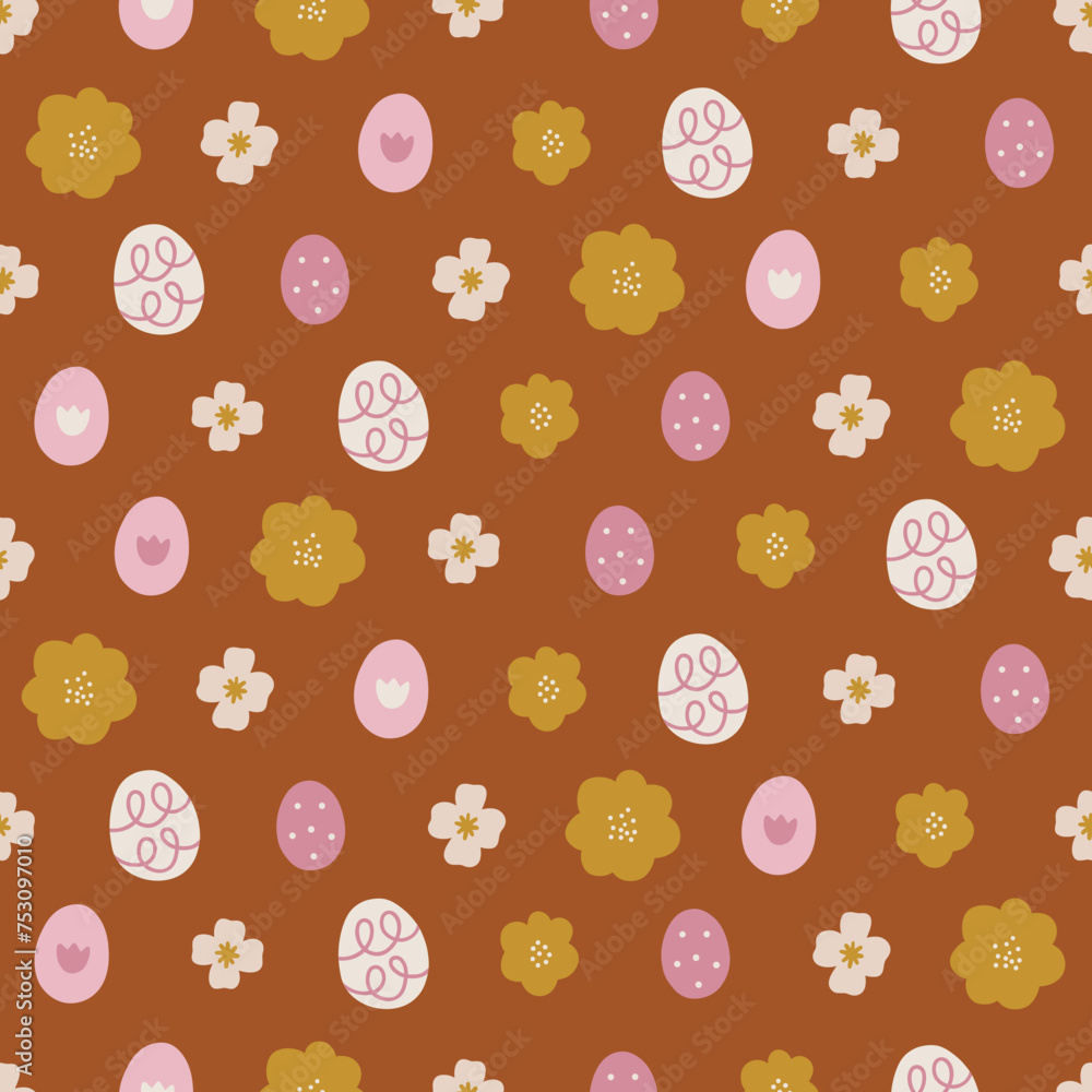 Easter seamless pattern with flowers and eggs on brown background Easter seamless pattern with flowers and eggs on brown background
