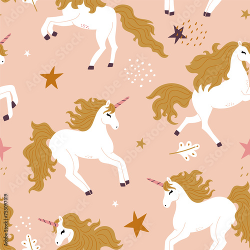 Seamless kids pattern with cute unicorns  leaves  stars. Childish girlish creative texture for fabric  apparel  nursery. Vector illustration