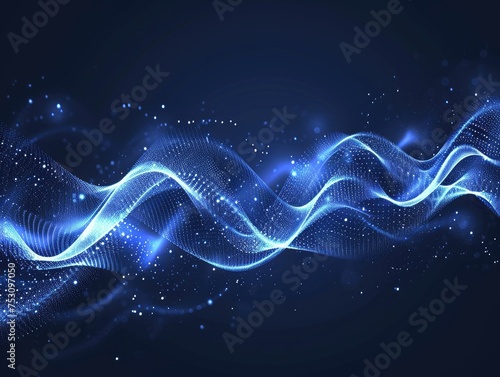 A striking image of glowing sound waves, depicted as oscillating bright blue light. The design simulates a sound wave equalizer, set against, creating a sense of vibrant audio energy and rhythm. AI photo