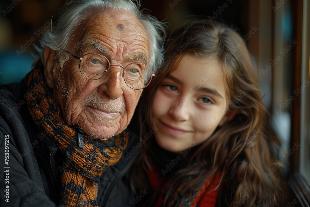 An elderly man and a young girl pose for a portrait, their faces showing a generational connection An elderly man and a young girl pose for a portrait, their faces showing a generational connection