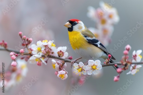 A finch with bright yellow and red markings sits on a branch in soft focus, surrounded by the pink blossoms of spring, evoking a peaceful atmosphere