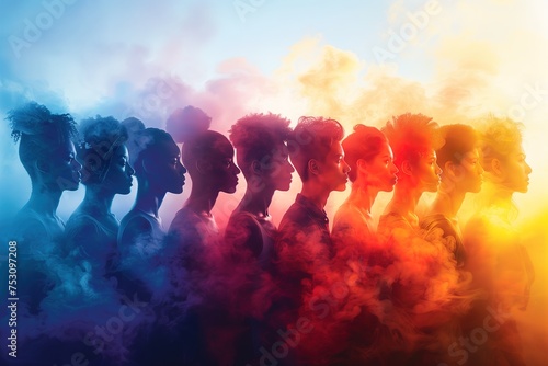 Ethereal image of multiple silhouettes enveloped in vibrant colored smoke, creating an abstract visual feast