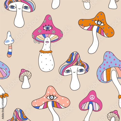 Funny hippie mushroom seamless pattern. Groovy retro style background, texture. Creative mushrooms vector illustration