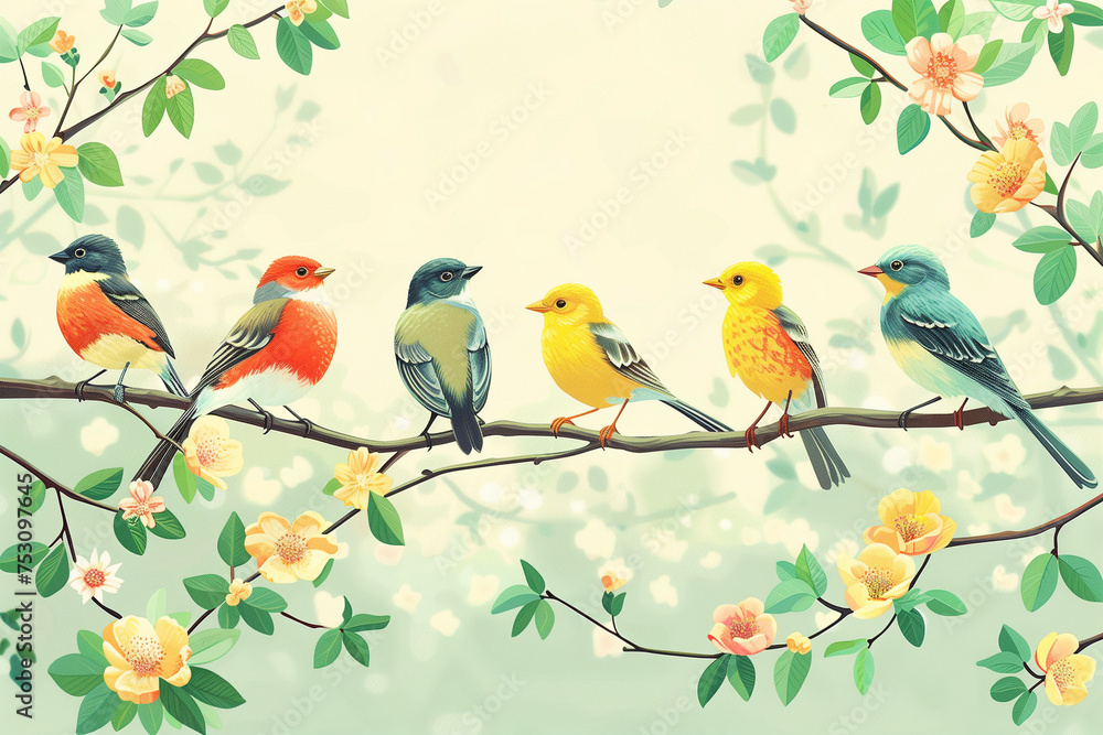 Colorful birds sitting on spring tree branch with flowers. Colorful birds sitting on spring tree branch with flowers.