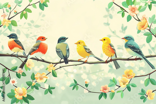 Colorful birds sitting on spring tree branch with flowers.