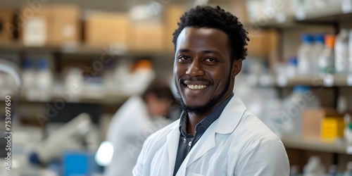 Smiling black biochemist collaborates with coworkers all eyes on the camera. Concept Science Photography, Collaboration, Workplace Diversity, Professional Portraits, Teamwork photo