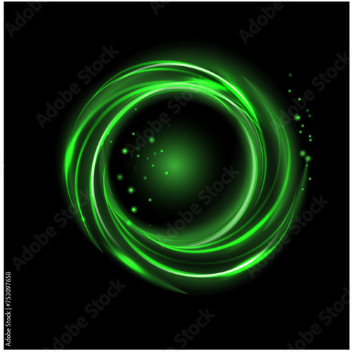 vector abstract background  with the shiny green circles, sparkles, scintillas, sparks  and the rays on the black background.