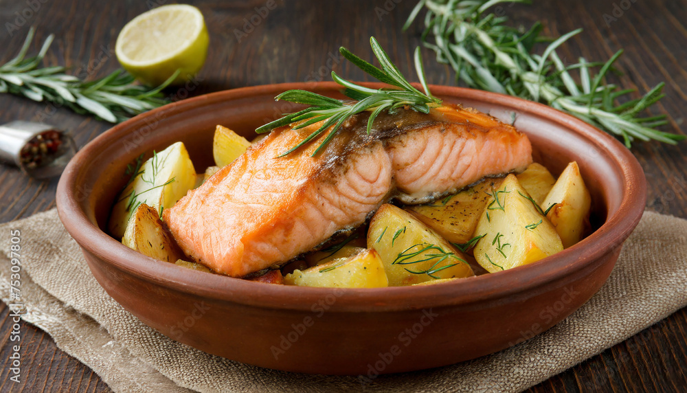 Fried salmon with potatoes and rosemary in clay bowl. Tasty food. Delicious dish. Fried salmon with potatoes and rosemary in clay bowl. Tasty food. Delicious dish.