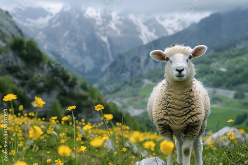 A serene image of a sheep in the foreground with a lush green mountainous landscape peppered with yellow flowers behind it
