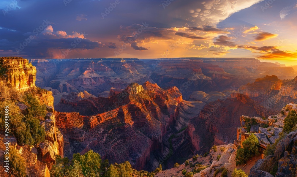 Colorful canyon landscape as the sun dips below the horizon, casting a golden glow over the rocky terrain and lush vegetation