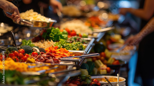 Sumptuous catering buffet arrayed with colorful, delicious dishes, perfect for any celebratory party occasion, featuring meat and vegetables.